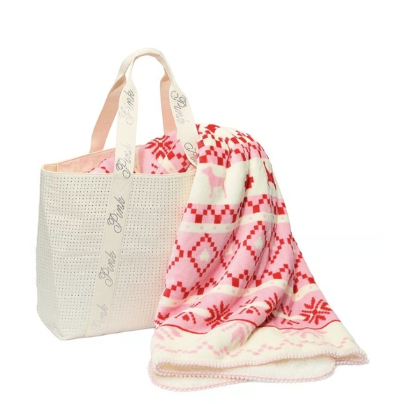 Victoria's Secret Other - Blanket and Tote Set Victoria's Secret Pink White Christmas Snowflake Purse Bag